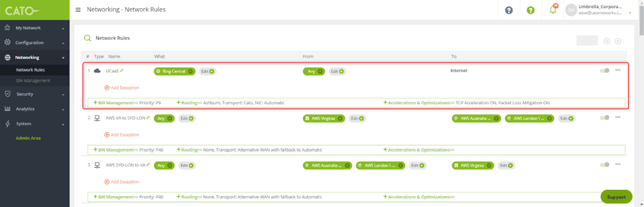 Configuring a network rule for cloud communications