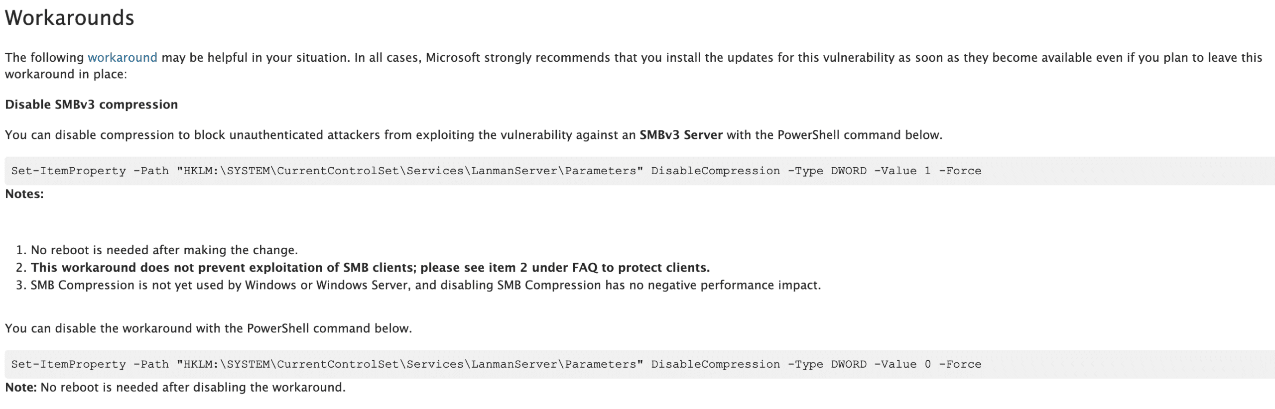 Microsoft Instructions for Disabling SMBv3 Compression