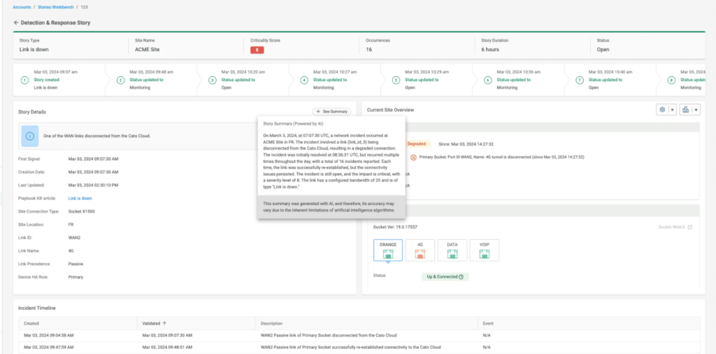 With Network Stories, Cato XDR enables IT leaders to quickly identify, prioritize, and resolve network degradations and outages. Here, Cato's generative AI engine summarizes the Network Story's details.