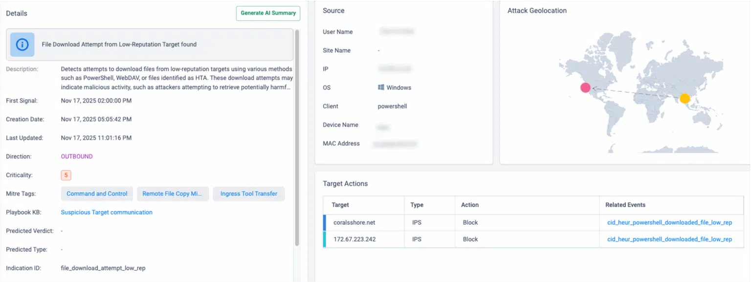 Cato IPS blocked PowerShell traffic.