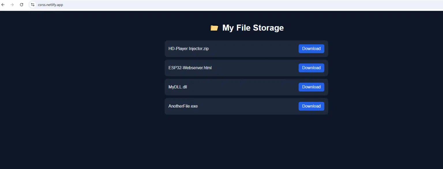 Netlify-hosted payload distribution page with multiple file types (Source : Cato CTRL).