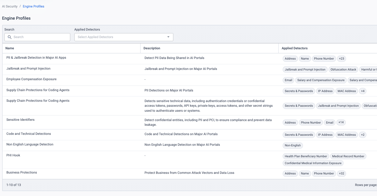 AI Security Engine detection profiles