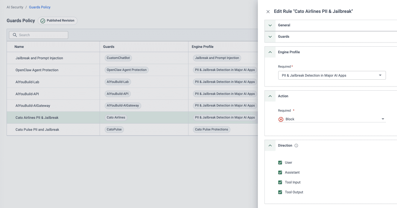 Cato Guards Policy list with an Edit Rule panel for engine profile, action, and direction