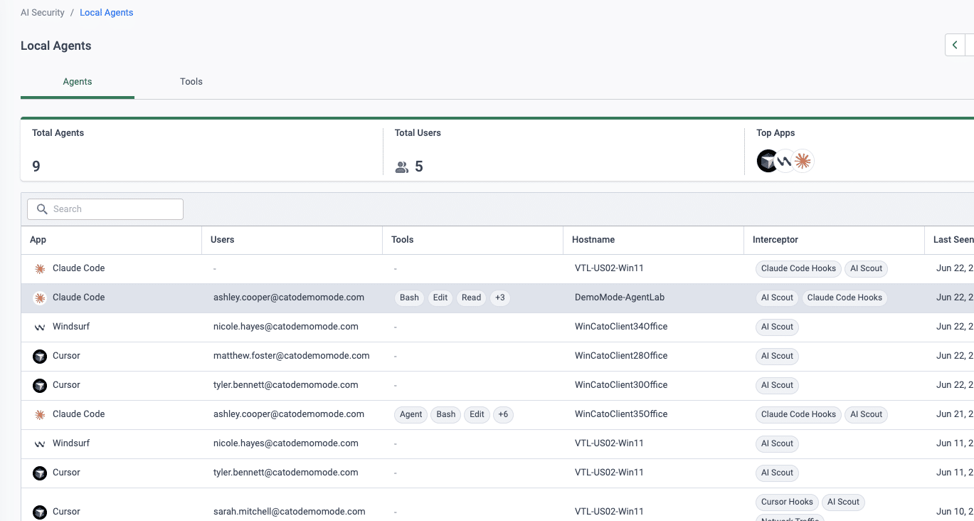 Local agents inventory in the Cato AI Security console