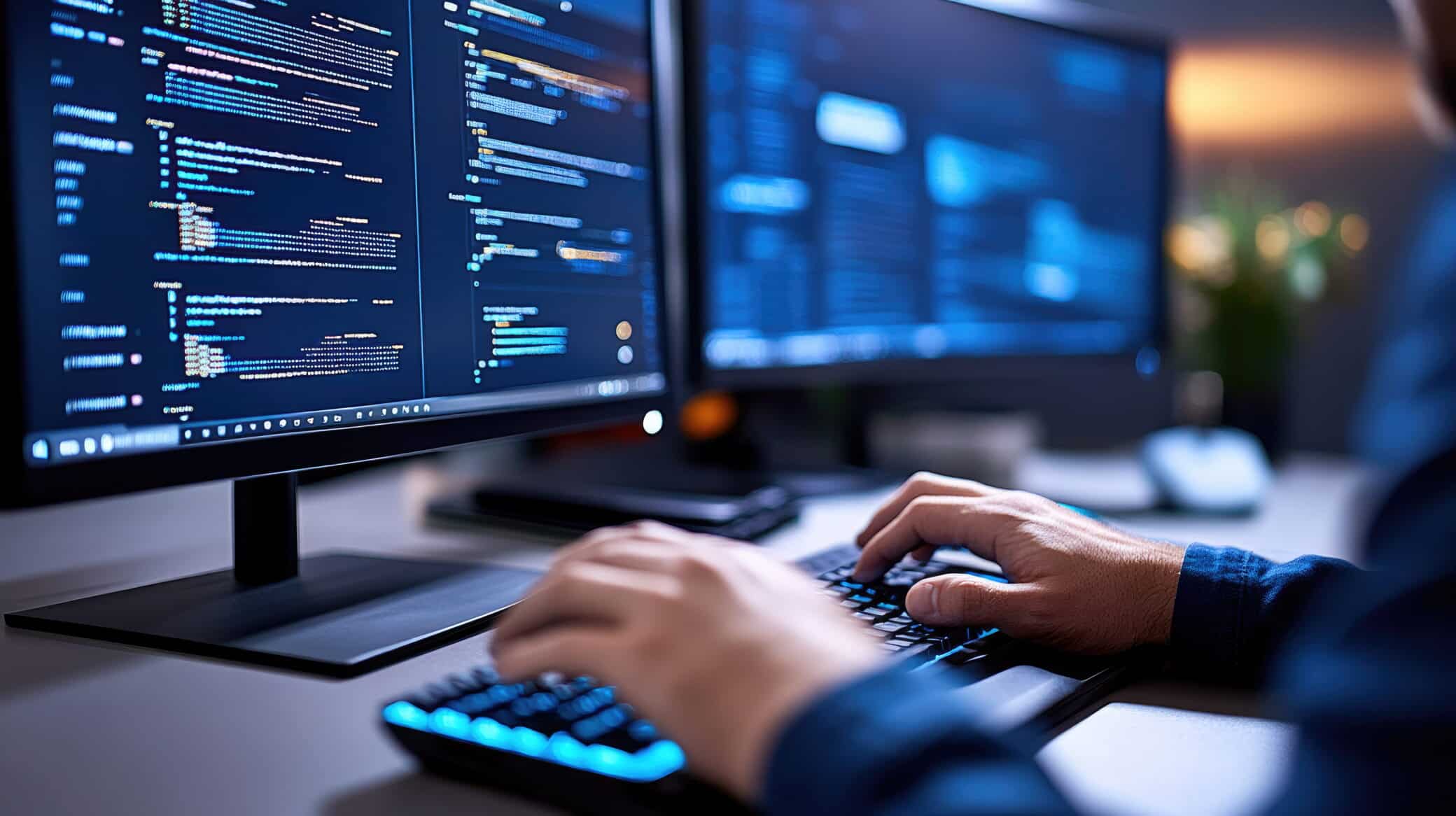 Security analyst reviewing code across multiple monitors