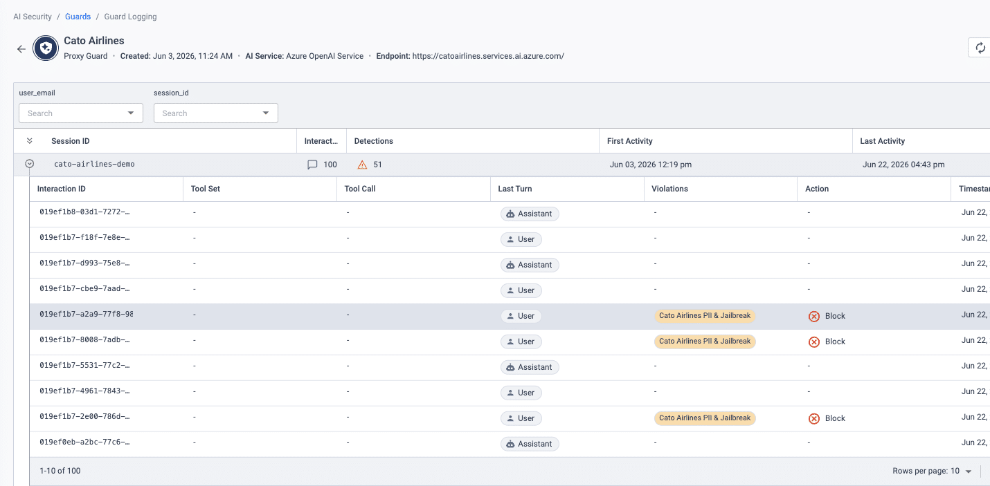 Cato AI Security Guards dashboard enforcing runtime guardrails on homegrown AI