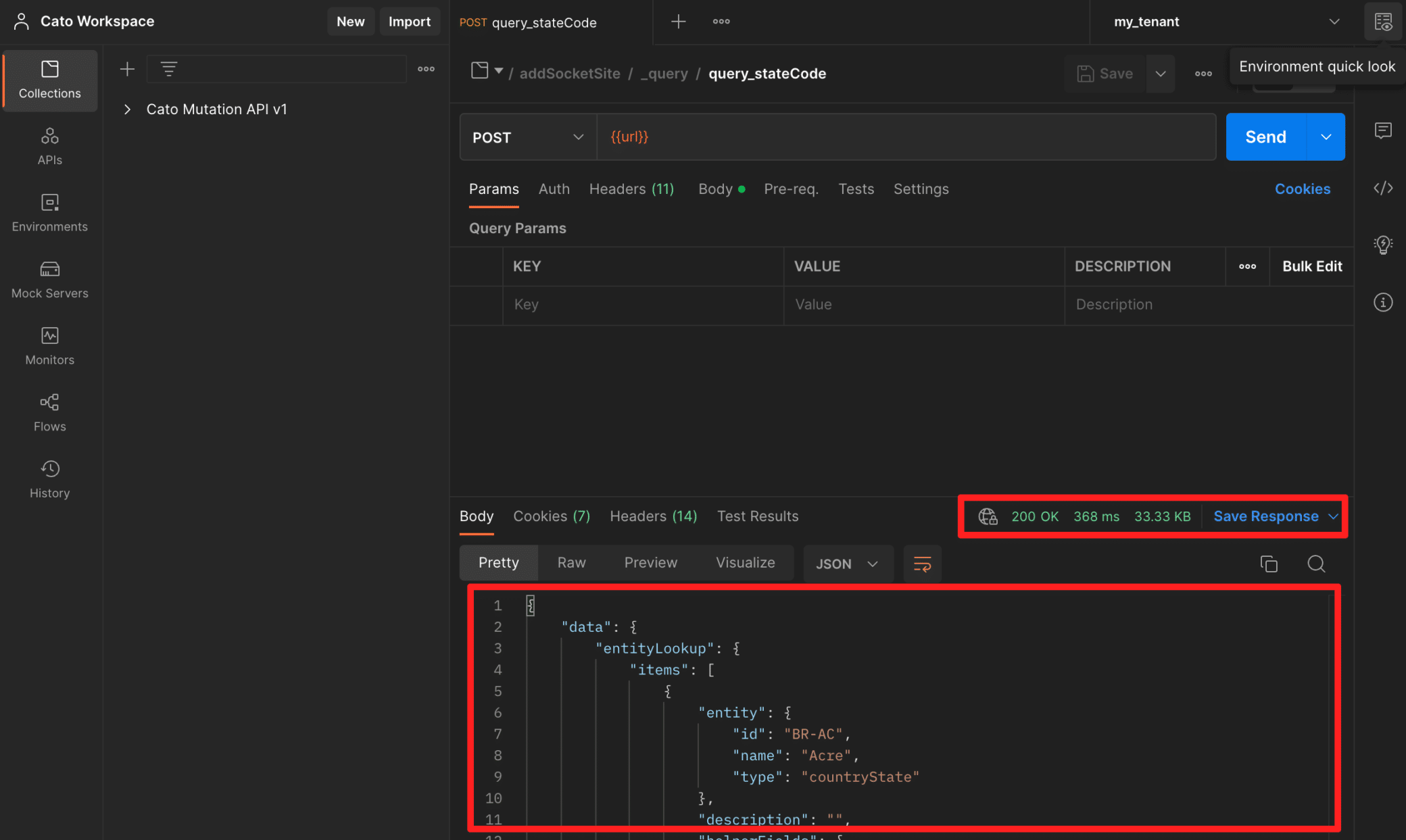 Cato Mutation API request in an API client showing a POST mutation and a 200 OK JSON response