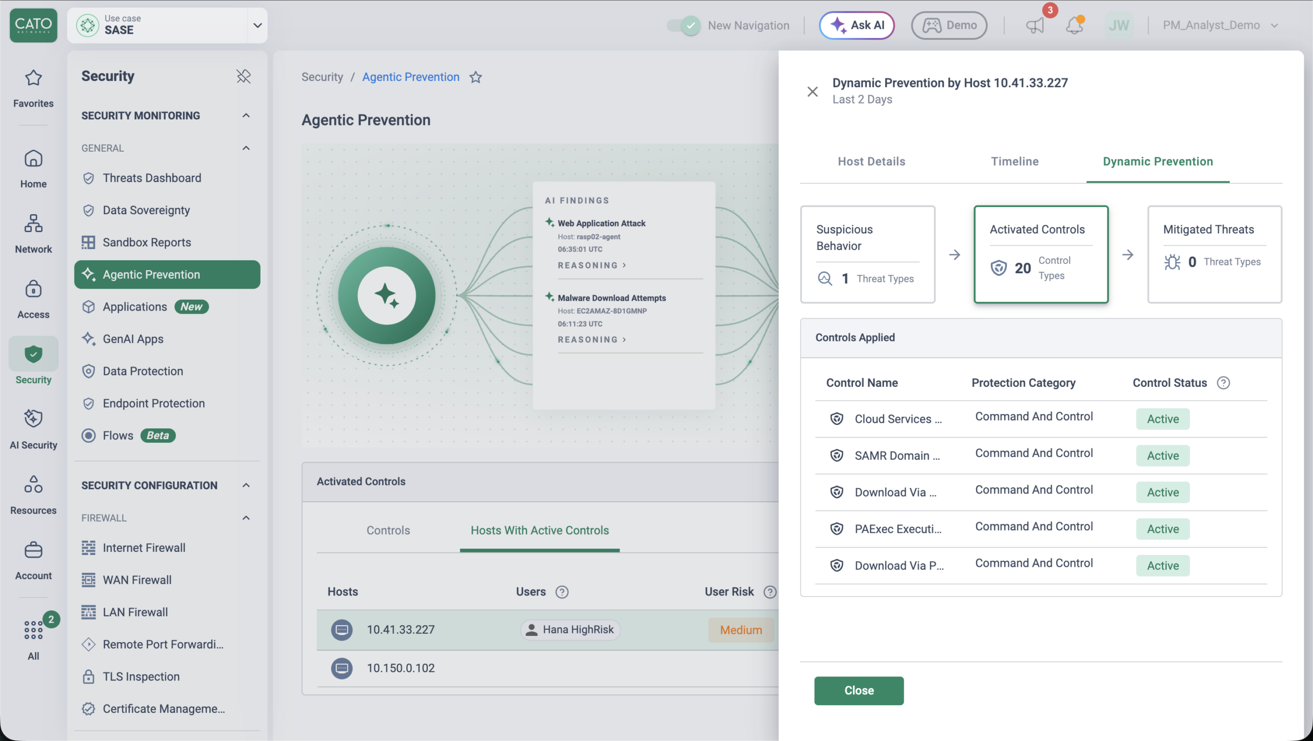 Automatically activated controls per host in the Agentic Prevention dashboard