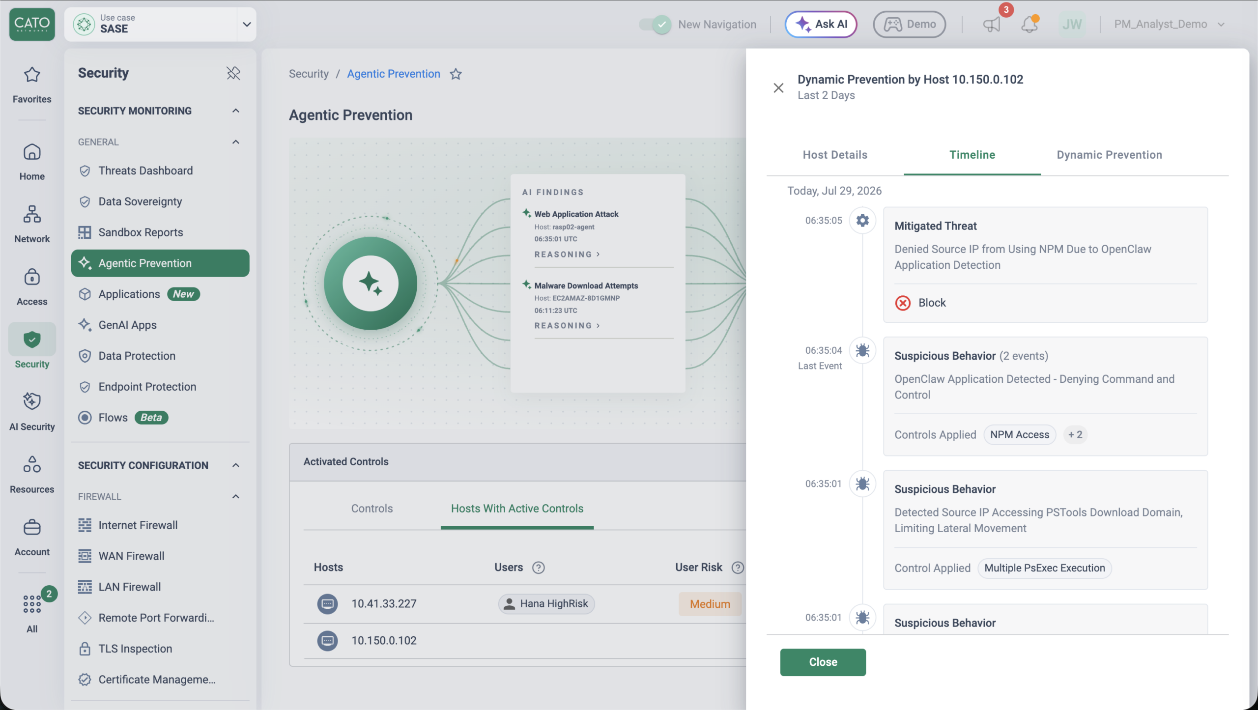 Timeline of mitigated threats and suspicious behavior blocked in real time